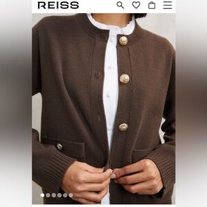 Reiss Brown Crewneck Cardigan with Gold Buttons